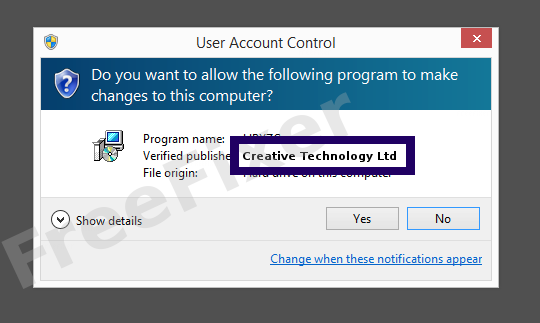 Screenshot where Creative Technology Ltd appears as the verified publisher in the UAC dialog